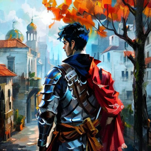 a man in armor is standing in the street with a tree in the background and a building in the background