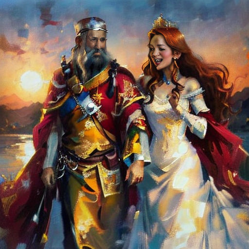 a painting of a man and woman dressed in medieval clothing walking together in front of a sunset sky with a lake in the background