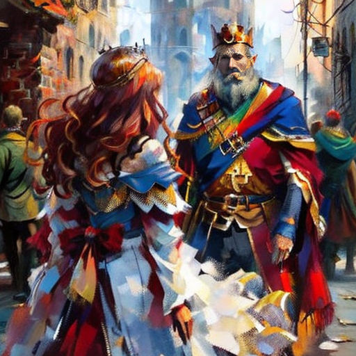 a painting of a man and woman dressed in medieval clothing walking down a street together, with a city in the background