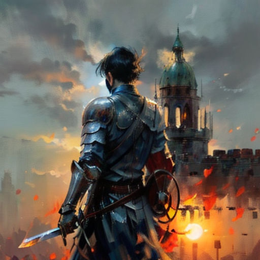 a man in armor standing in front of a castle with a sword in his hand and a sunset in the background
