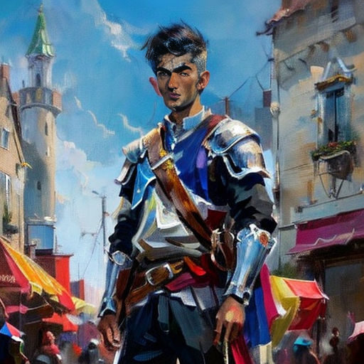 a painting of a man in armor standing in a crowded street with umbrellas and buildings in the background