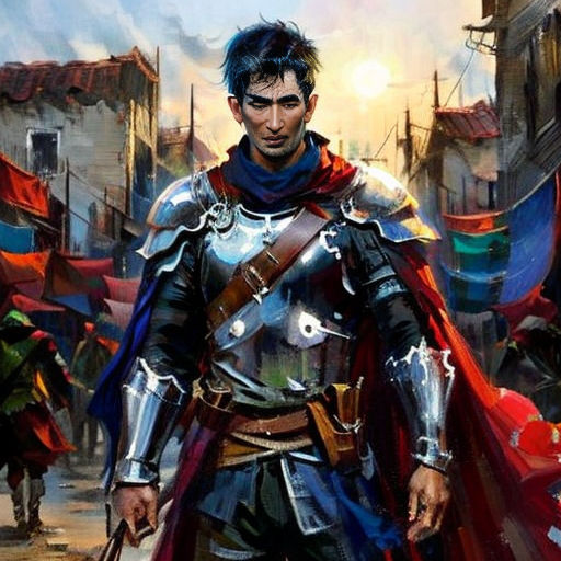 a man in a suit of armor with a sword and a sword in his hand, walking through a city