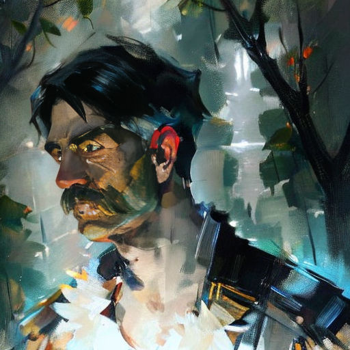 a painting of a man with a mustache and a beard holding a gun in his hand and looking at something