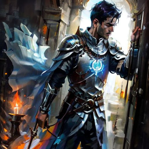 a man in armor holding a sword and a flame in his hand, with a sword in his hand
