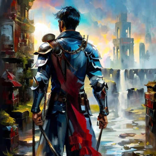 a man in armor standing on a street next to a castle and a river with a red flag in his hand