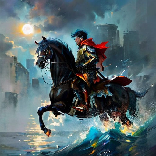 a man riding a horse through a city on a stormy day with a red cape on his head and a red cape on his head