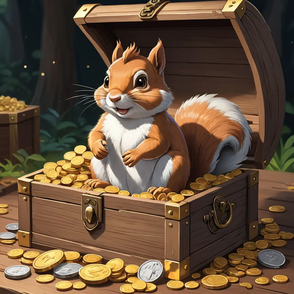 a squirrel sitting in a chest of gold coins with a smile on its face and chest of gold coins in the background, sots art, a character portrait, Chris LaBrooy, game art