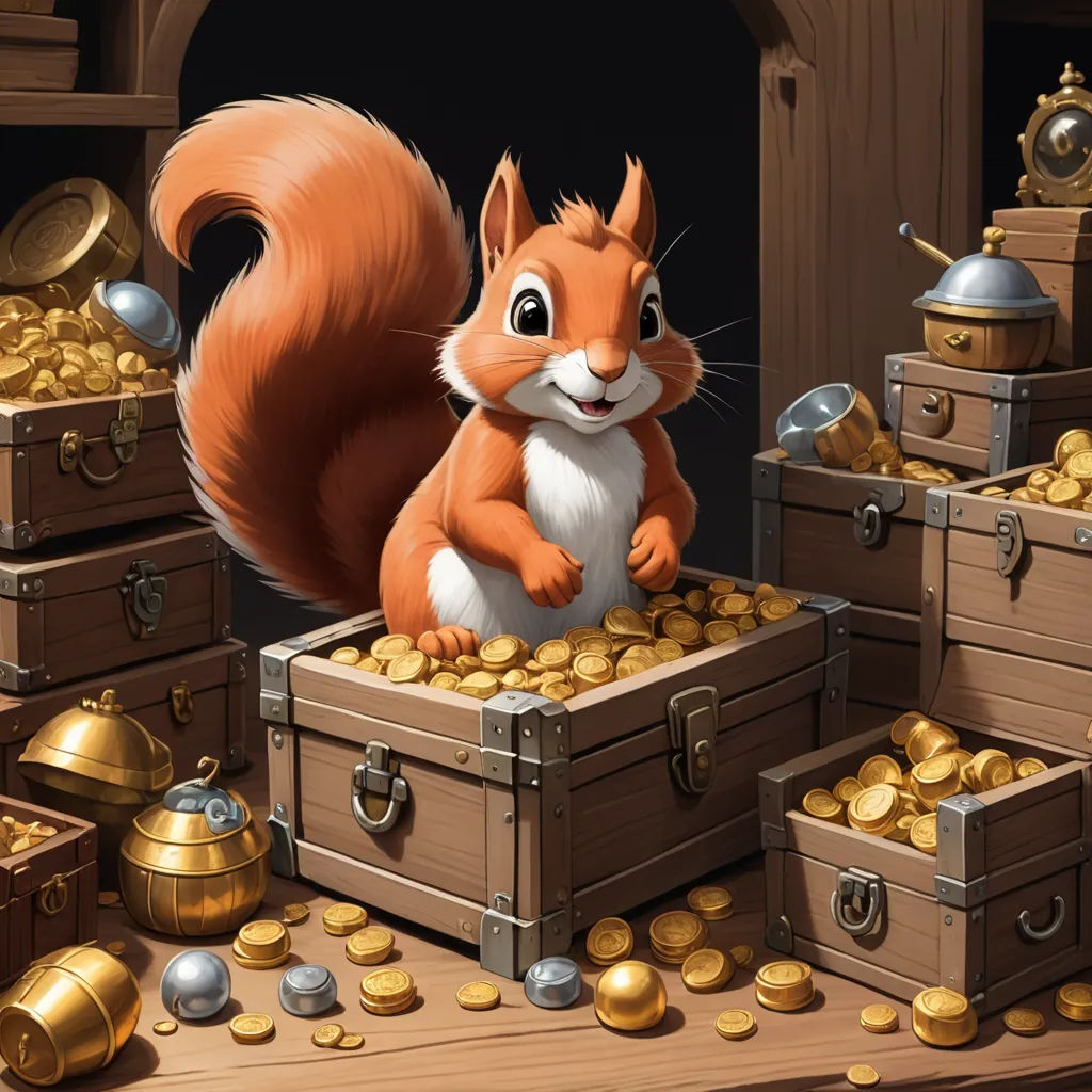 a squirrel is sitting on a chest of gold coins in a room with other chests and chests and a clock, fantasy art, a character portrait, Chris LaBrooy, hearthstone