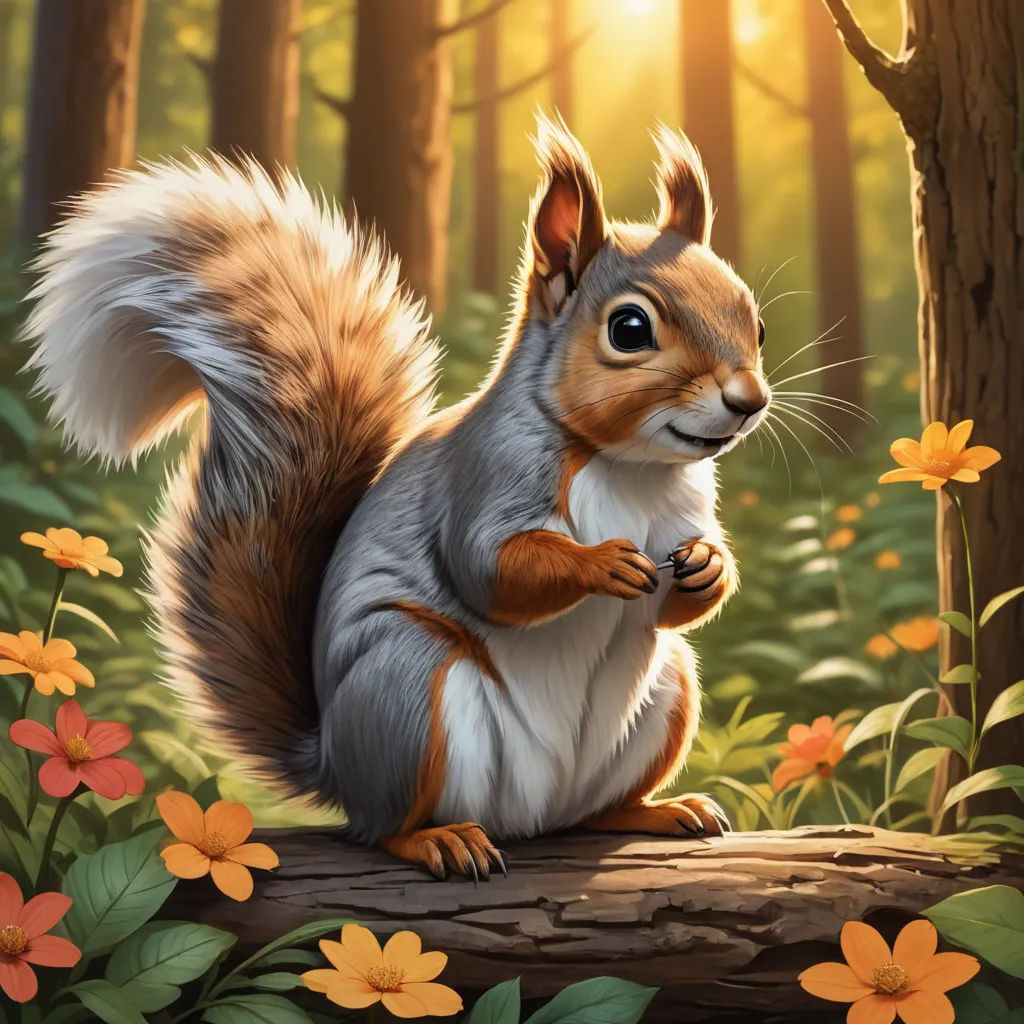 a squirrel is sitting on a log in the woods with flowers around it and a sunbeam in the background, furry art, a character portrait, Chris LaBrooy, official art