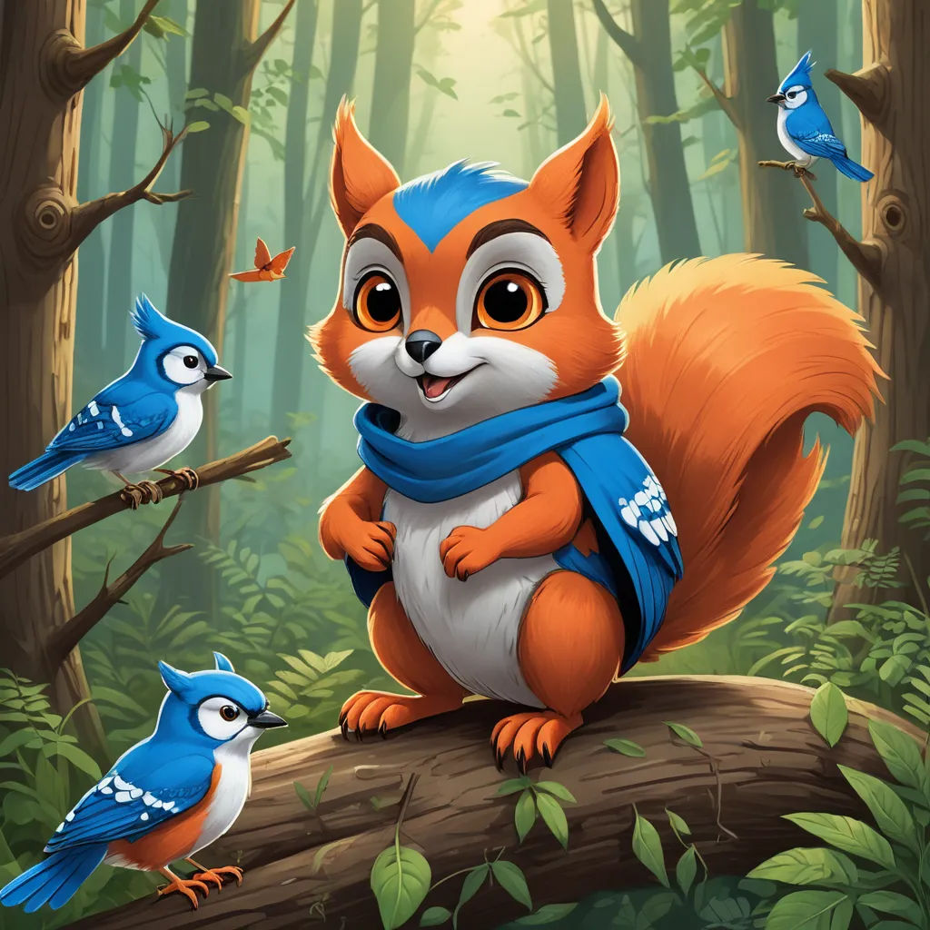 a squirrel with a scarf on sitting on a log in the forest with two birds flying around him and a squirrel with a blue scarf on its back, sots art, a character portrait, Chris LaBrooy, character art
