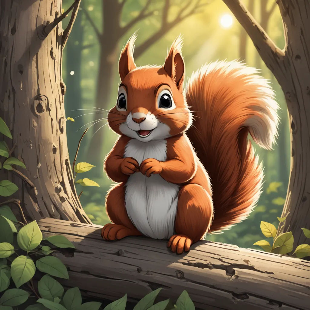 a squirrel sitting on a log in a forest with a sun shining through the trees behind it and a forest background, sots art, a character portrait, Chris LaBrooy, trending on art station