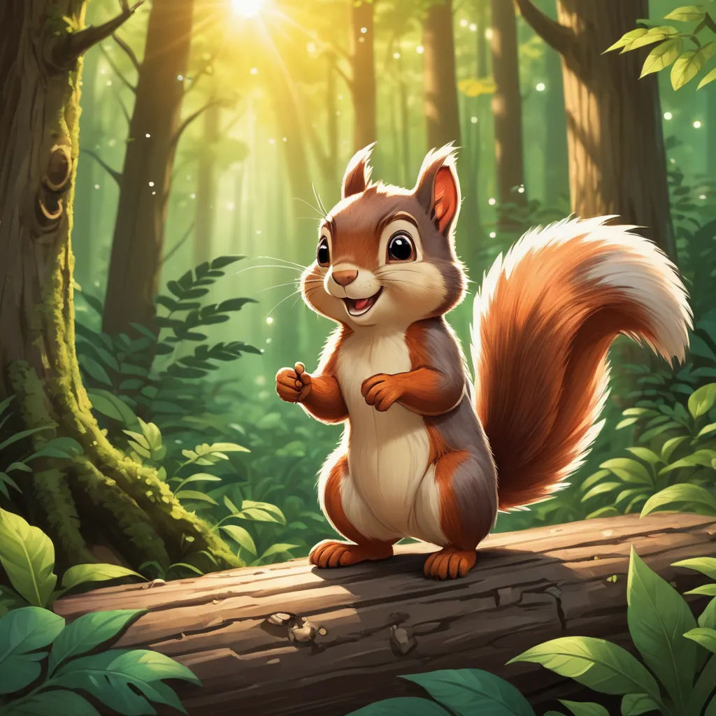 a squirrel standing on a log in a forest with sunlight shining through the trees and leaves on the ground, altermodern, a character portrait, Chippy, magic the gathering artwork