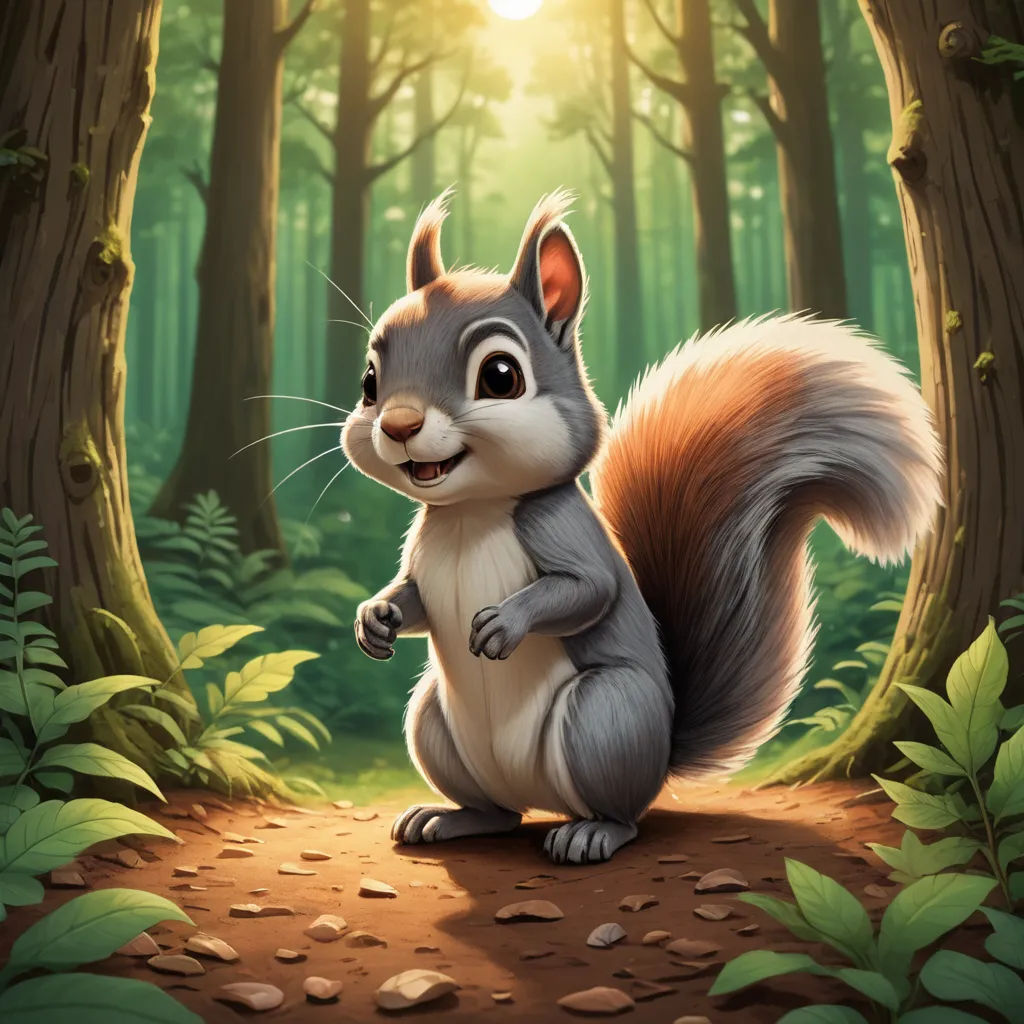 a squirrel standing on a dirt road in a forest with sunlight shining through the trees and leaves on the ground, sots art, a character portrait, Chris LaBrooy, official art