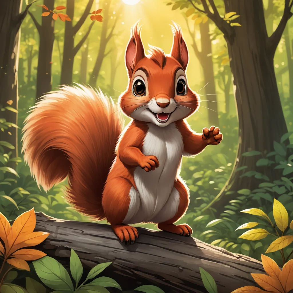a squirrel standing on a log in a forest with leaves and a sun shining through the trees behind it, altermodern, a character portrait, Chris LaBrooy, official art