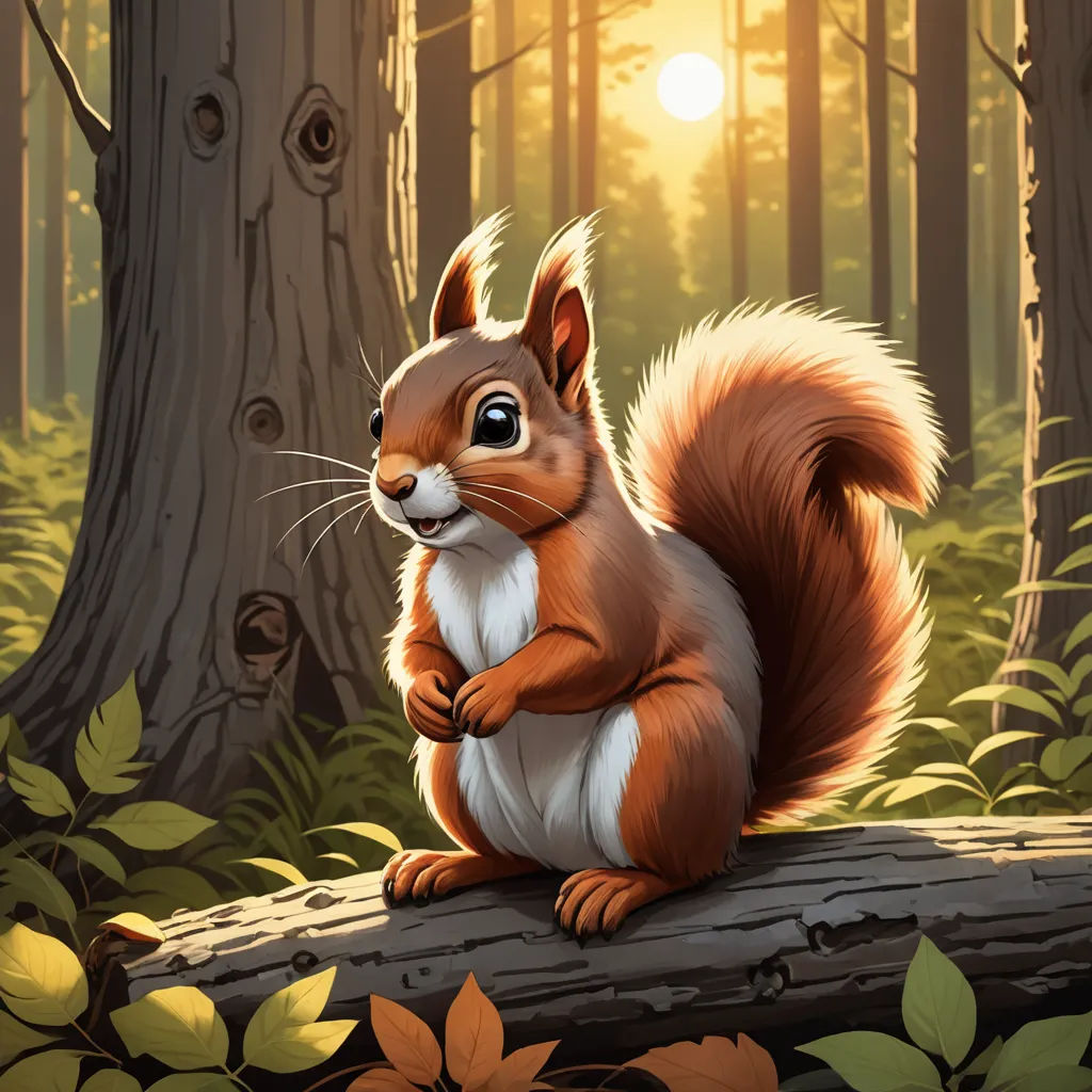 a squirrel sitting on a log in the woods with the sun shining through the trees behind it and a forest background, altermodern, a character portrait, Chris LaBrooy, official art