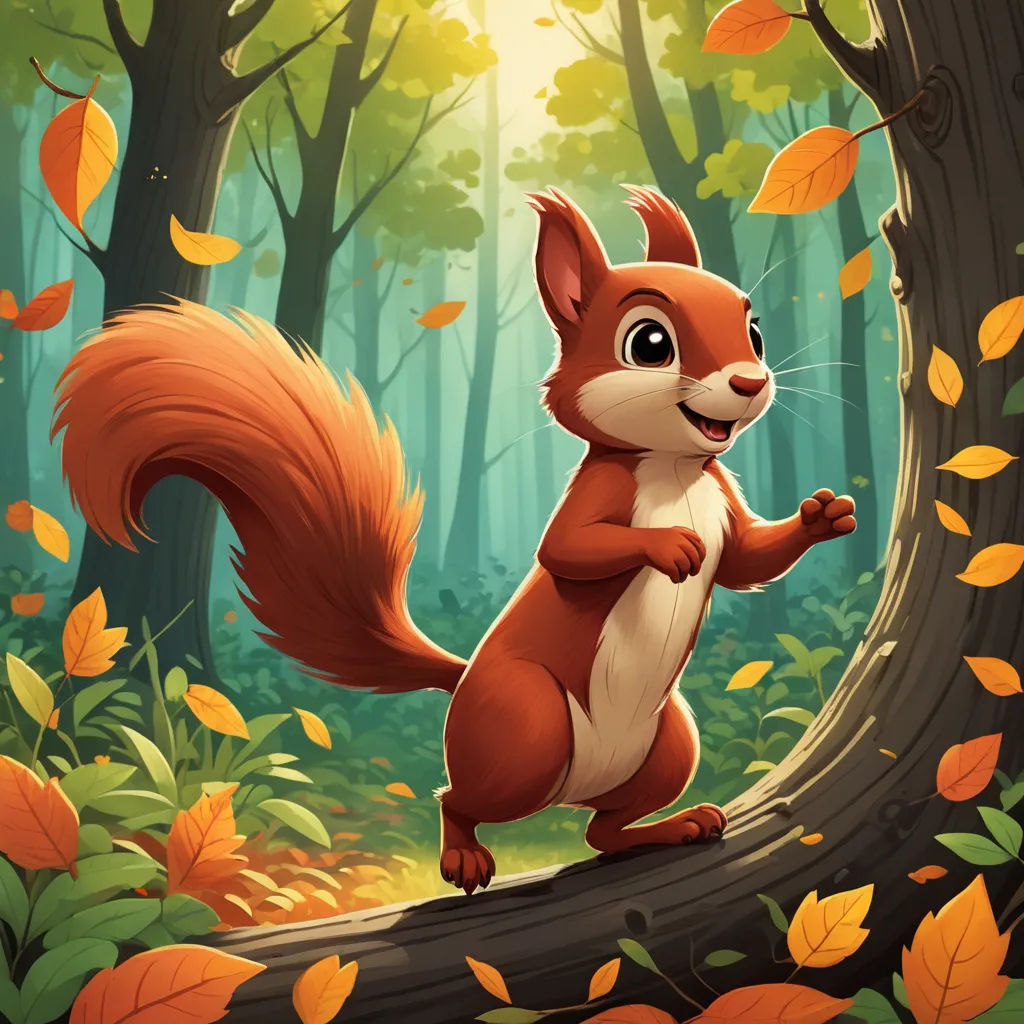 a squirrel standing on a tree branch in a forest with leaves on the ground and a sun shining through the trees, furry art, a character portrait, Chris LaBrooy, official art