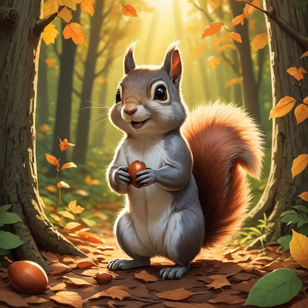 a squirrel is standing in the leaves in the forest and holding an acorna in its paws, with the sun shining through the trees behind it, furry art, a detailed painting, Chris LaBrooy, official art