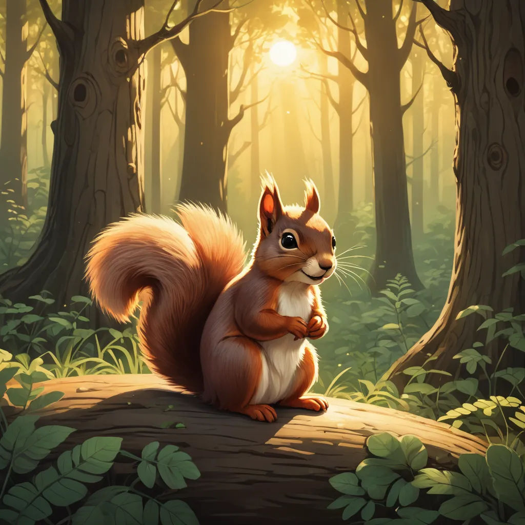 a squirrel sitting on a log in a forest with sunlight coming through the trees and leaves around it,, sots art, a character portrait, Chris LaBrooy, official art