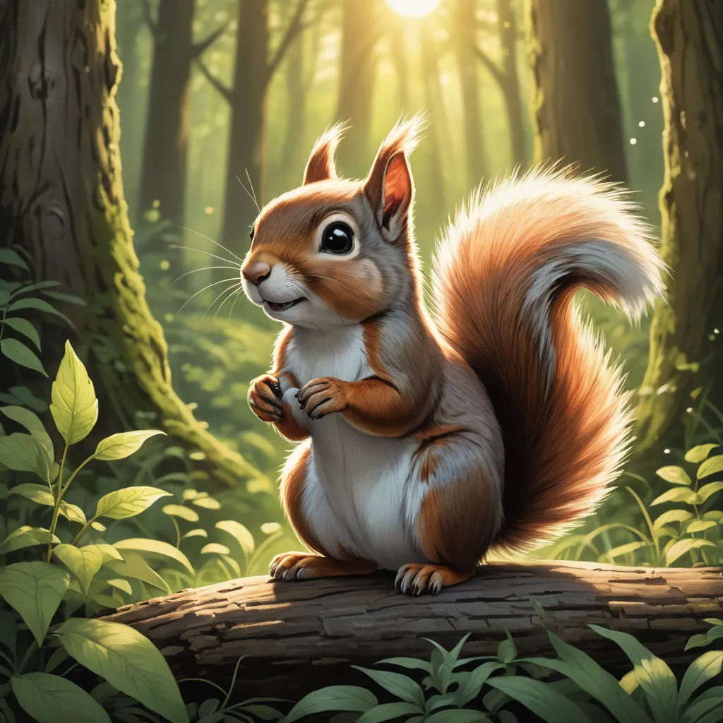 a squirrel is sitting on a log in the woods with the sun shining through the trees behind it and the background is green, altermodern, a digital painting, Chris LaBrooy, official art