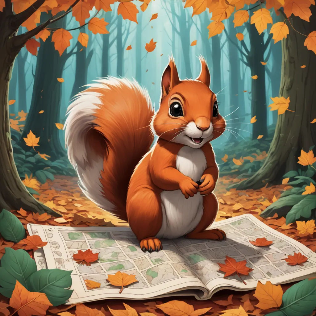 a squirrel sitting on a map in the woods with leaves around it and a forest background with trees and leaves, altermodern, a storybook illustration, Chris LaBrooy, official art