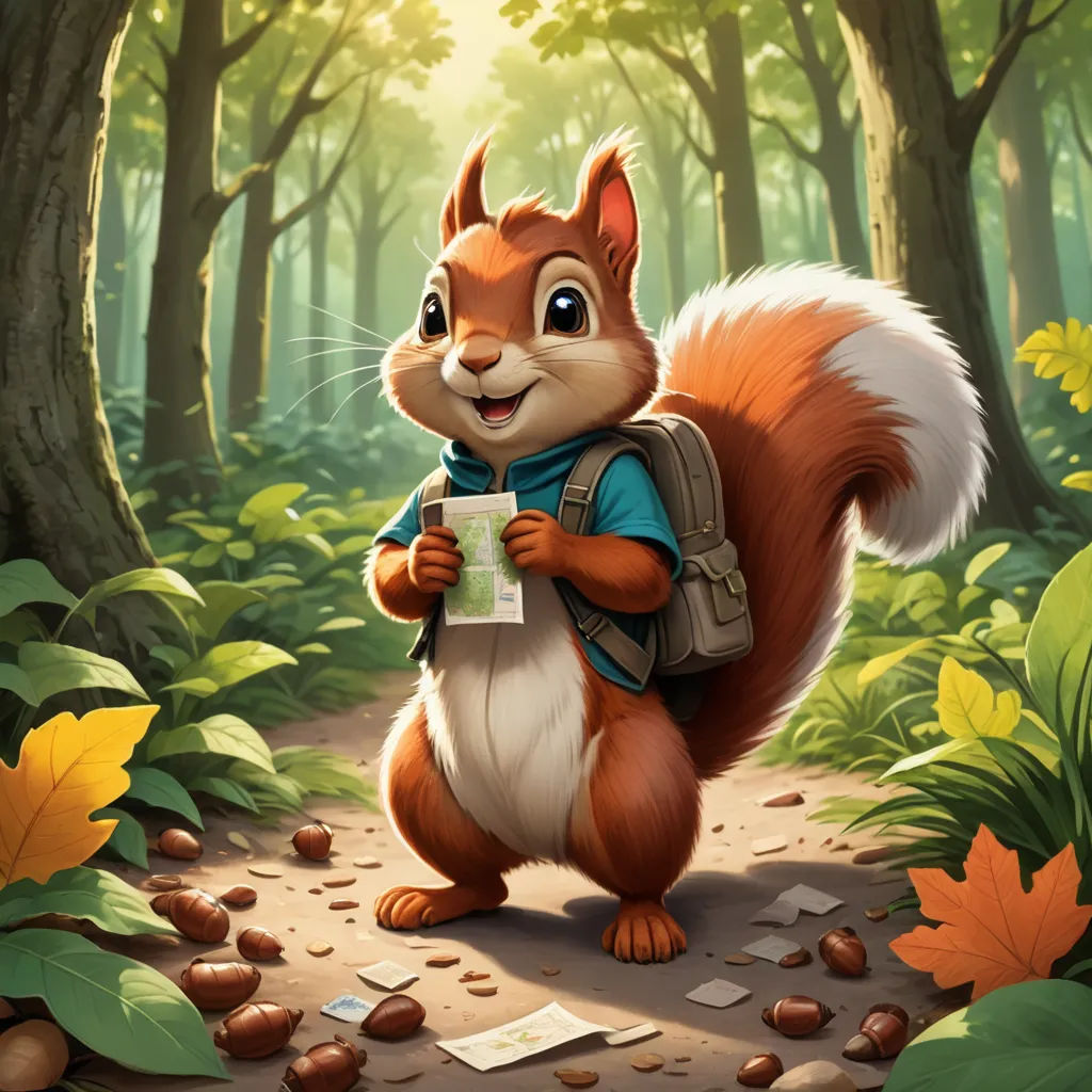 a squirrel with a backpack and a book in the woods with leaves on the ground and a leafy area around it, altermodern, a character portrait, Chris LaBrooy, official art
