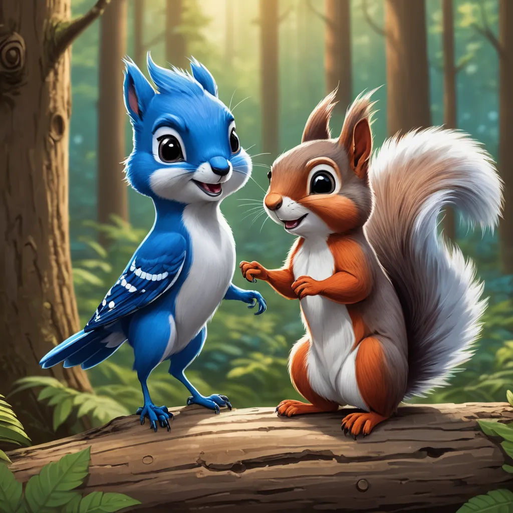 a squirrel and a squirrel are standing on a log in the woods, one is holding the tail of the other's tail, furry art, a digital painting, Chris LaBrooy, key art
