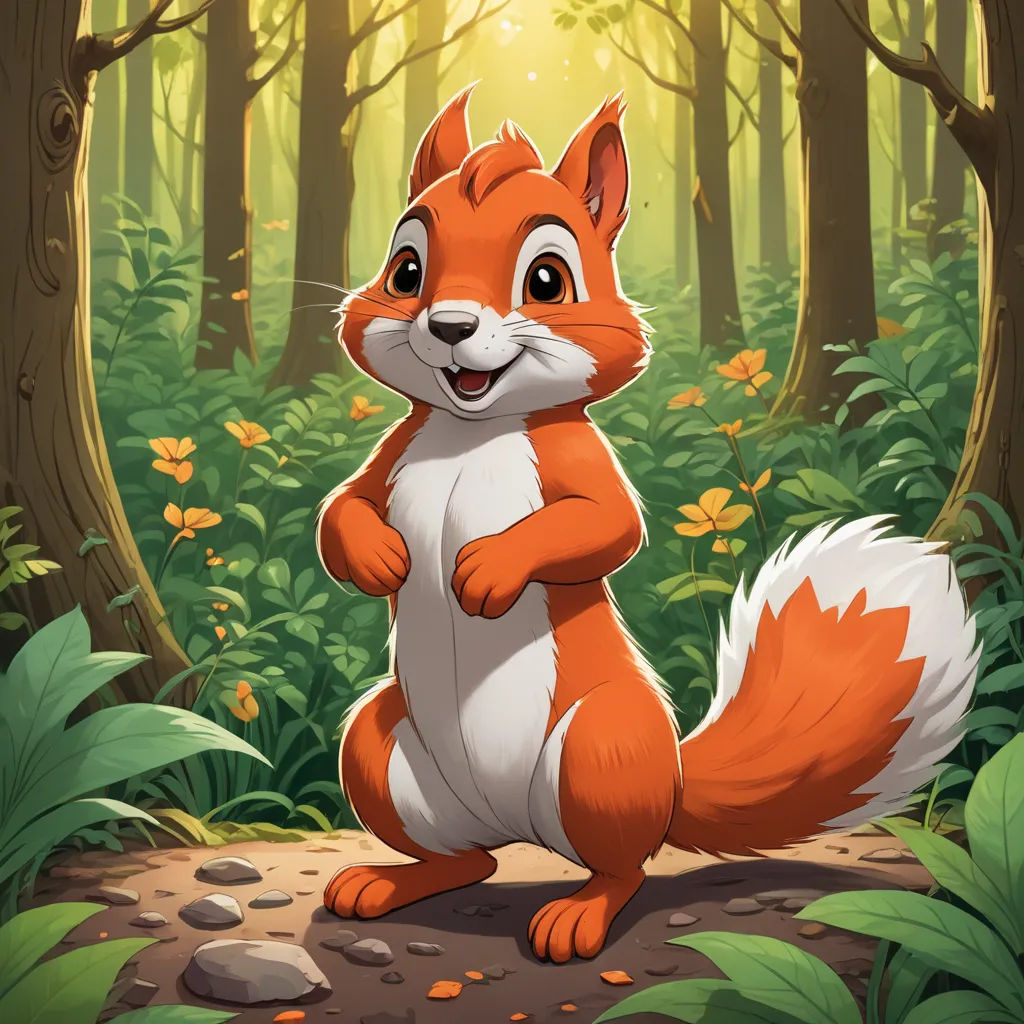 a cartoon squirrel standing in the middle of a forest with a sunbeam in the background and a trail in the foreground, sots art, a character portrait, Chris LaBrooy, character portrait