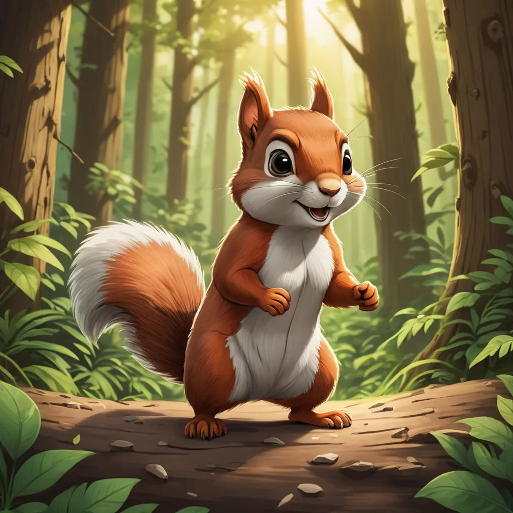 a squirrel standing on its hind legs in a forest with leaves and trees around it, with a sunbeam in the background, furry art, a character portrait, Chris LaBrooy, official art