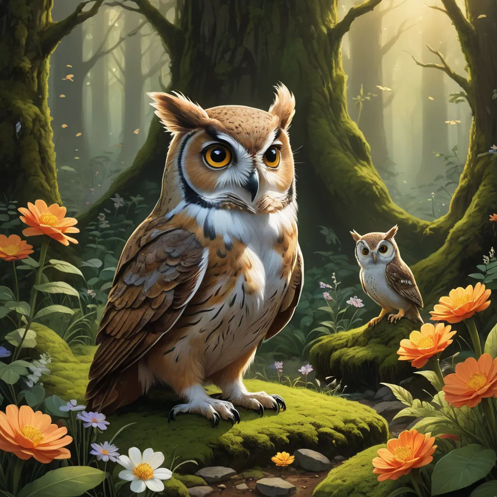 a painting of an owl and its baby in a forest with flowers and trees in the background, with a sunlit forest behind them, fantasy art, a storybook illustration, Chris LaBrooy, magic the gathering artwork