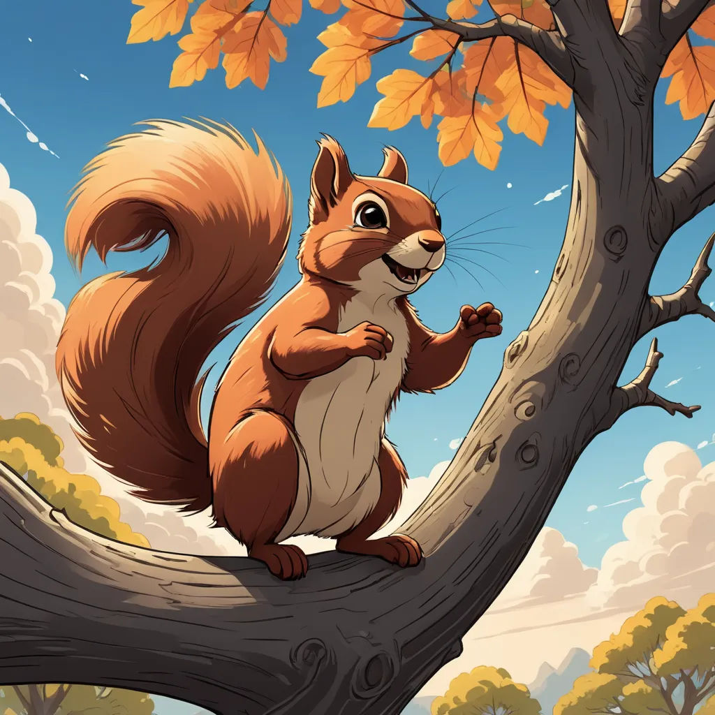 a squirrel is sitting on a tree branch in the fall time, with leaves falling off the branches and a sky background, furry art, a character portrait, Chris LaBrooy, trending on art station