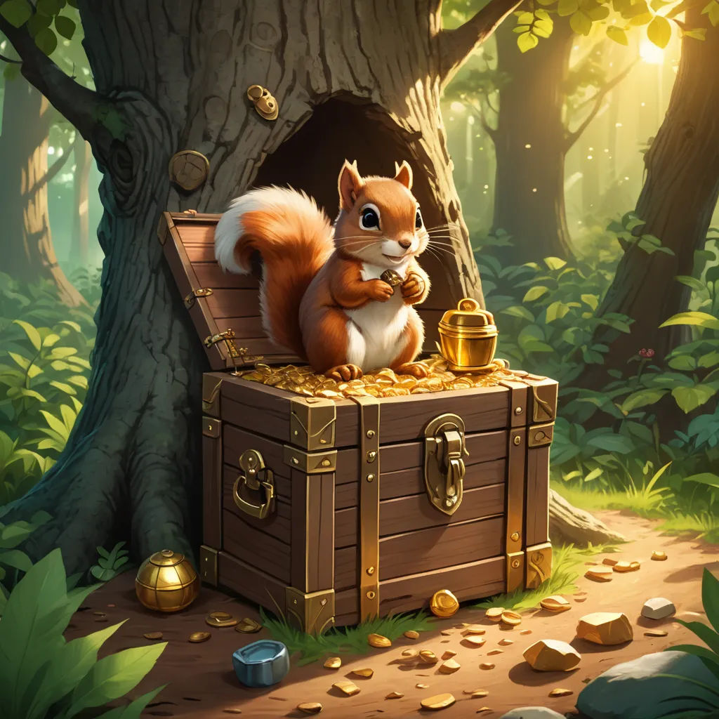 a squirrel sitting on top of a chest of gold coins in a forest with a tree trunk and a trunk with a gold coin in it, altermodern, concept art, Chris LaBrooy, splash art