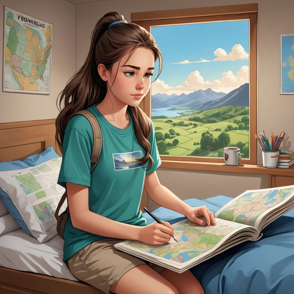 a girl sitting on a bed looking at a map and writing on a notebook with a window in the background, photorealism, a character portrait, Alena Aenami, rossdraws global illumination