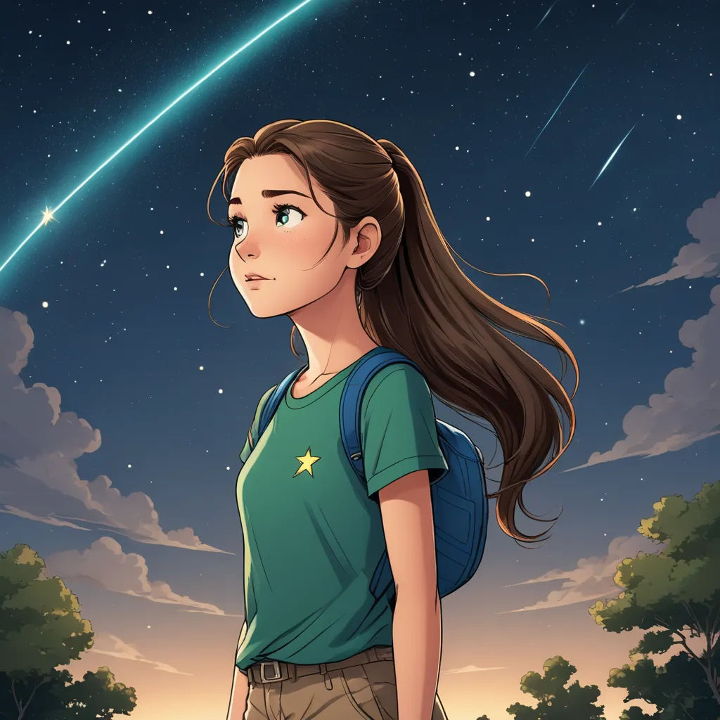 a girl with a backpack looking up at a shooting star in the sky above her head, with trees and a field in the foreground, space art, a character portrait, Atey Ghailan, stars