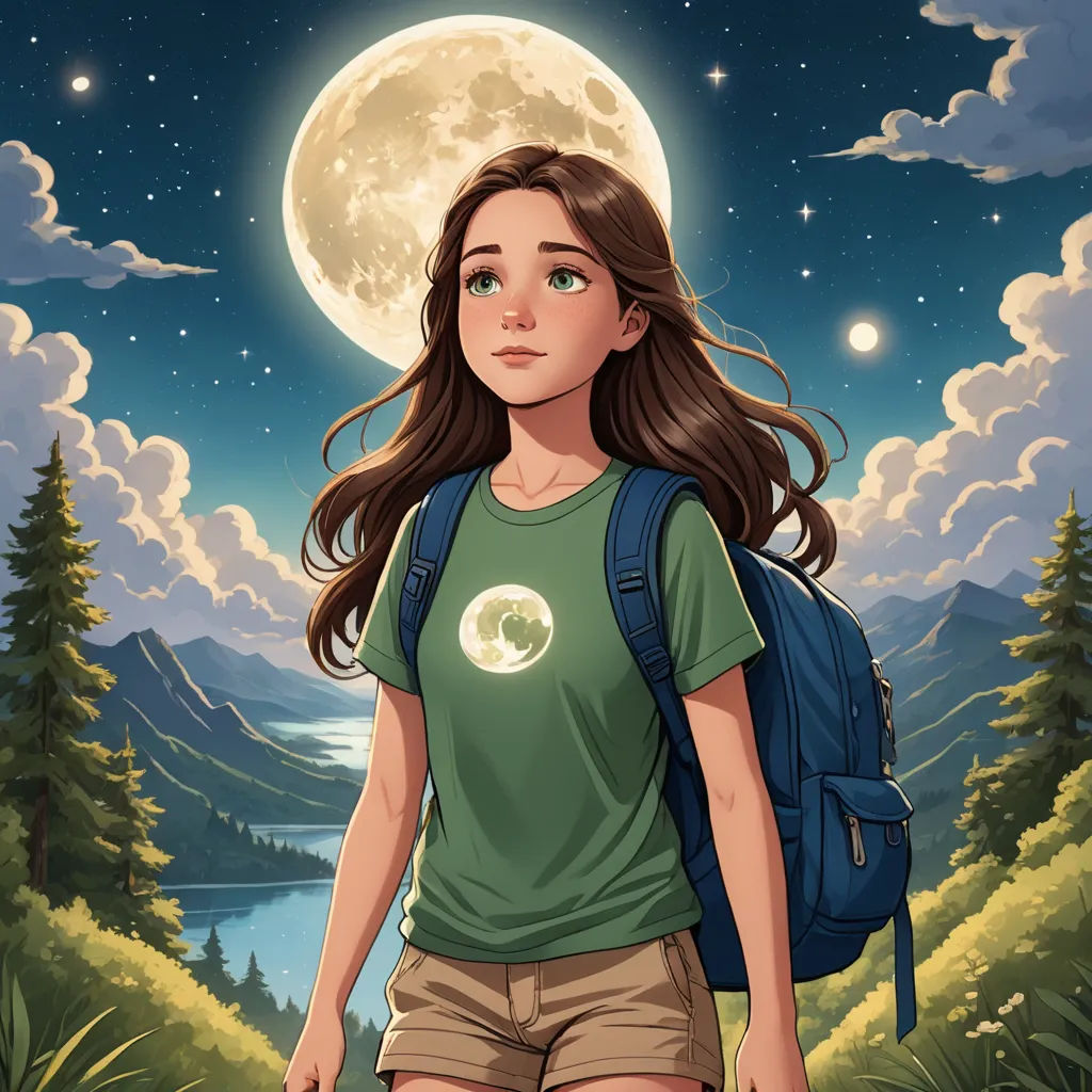 a girl with a backpack is standing in front of a full moon and trees with a lake in the background, space art, a storybook illustration, Elinor Proby Adams, comic cover art