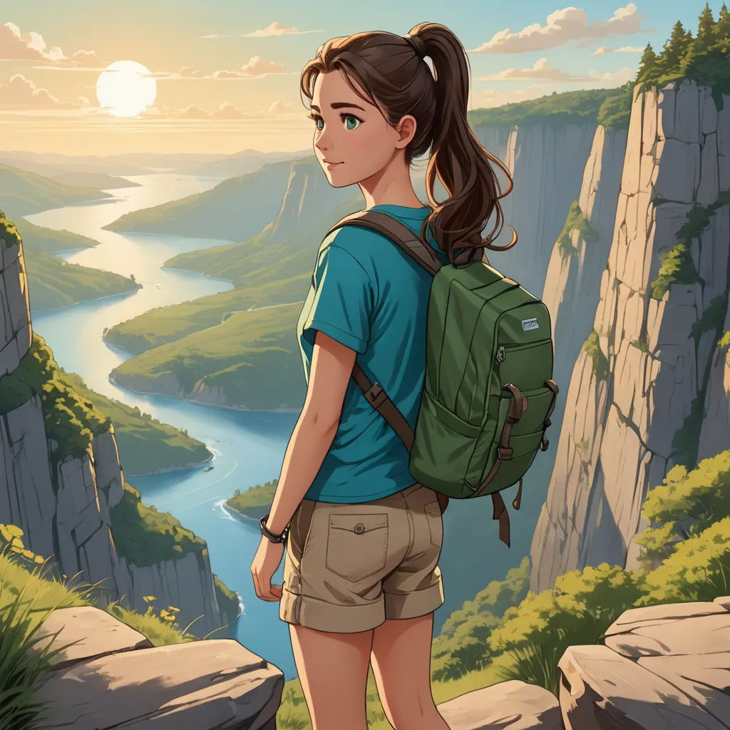 a girl with a backpack looking out over a valley and a river in the distance with a mountain in the background, fantasy art, a storybook illustration, Atey Ghailan, rossdraws global illumination