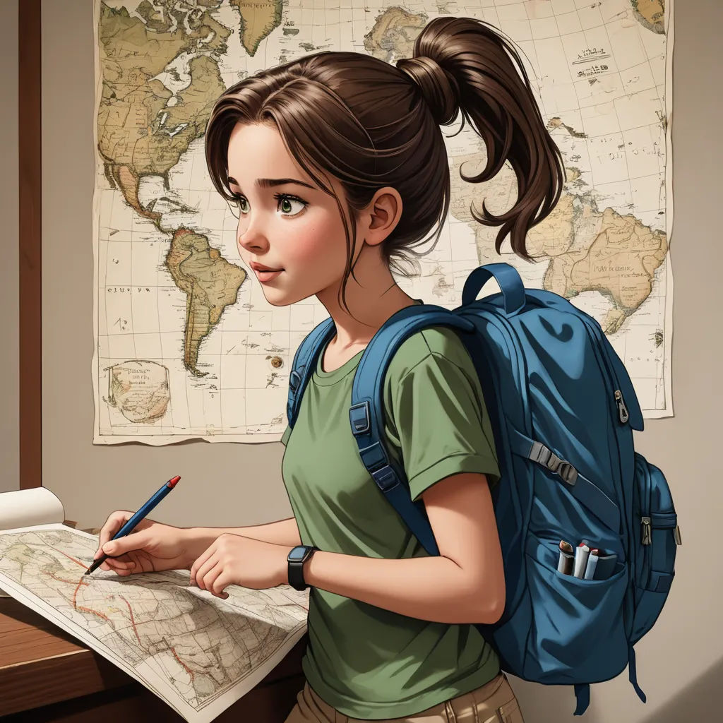 a girl with a backpack and a backpack is writing on a map with a pen in her hand and a backpack on her shoulder, photorealism, a detailed painting, Artgerm, cgstudio