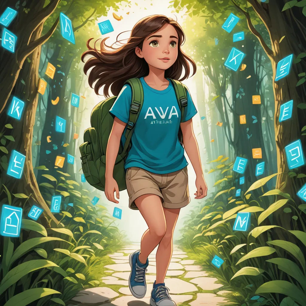 a girl with a backpack is walking through a forest with a path of books floating around her and the words ava are floating above her, process art, a storybook illustration, Ada Hill Walker, promotional image