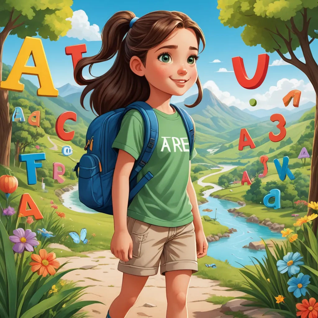 a girl with a backpack standing in front of a river and trees with letters on it and a mountain in the background, art & language, a storybook illustration, Art & Language, llustration