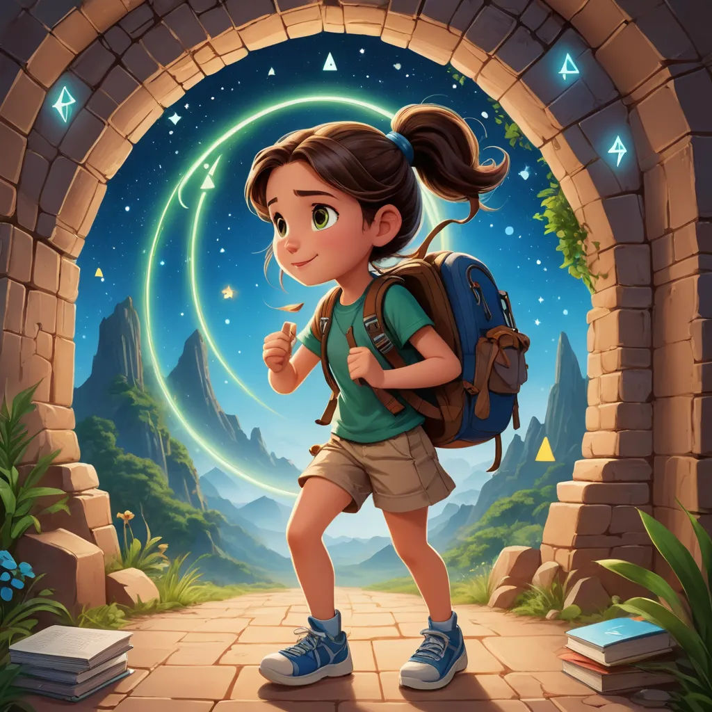 a girl with a backpack is walking through a tunnel with a book and a book bag on her back, fantasy art, a storybook illustration, Cyril Rolando, rossdraws global illumination