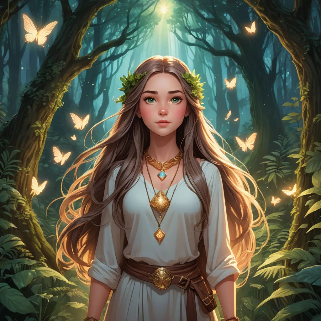 a girl in a forest with butterflies around her head and a butterfly in her hair, standing in front of a tree, fantasy art, a storybook illustration, Charlie Bowater, rossdraws global illumination