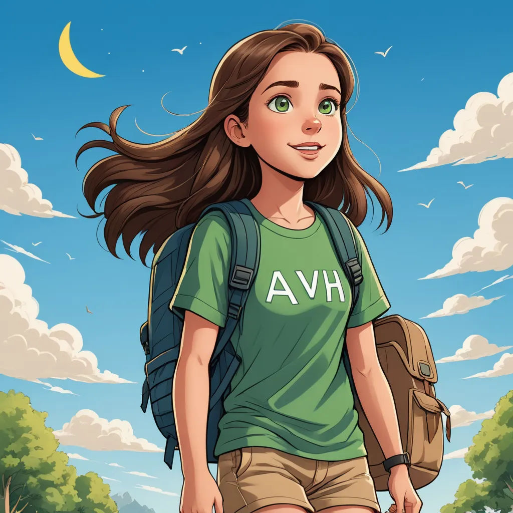 a girl with a backpack is walking through the woods with a full moon in the background and clouds in the sky, visual art, a character portrait, Aramenta Dianthe Vail, comic cover art