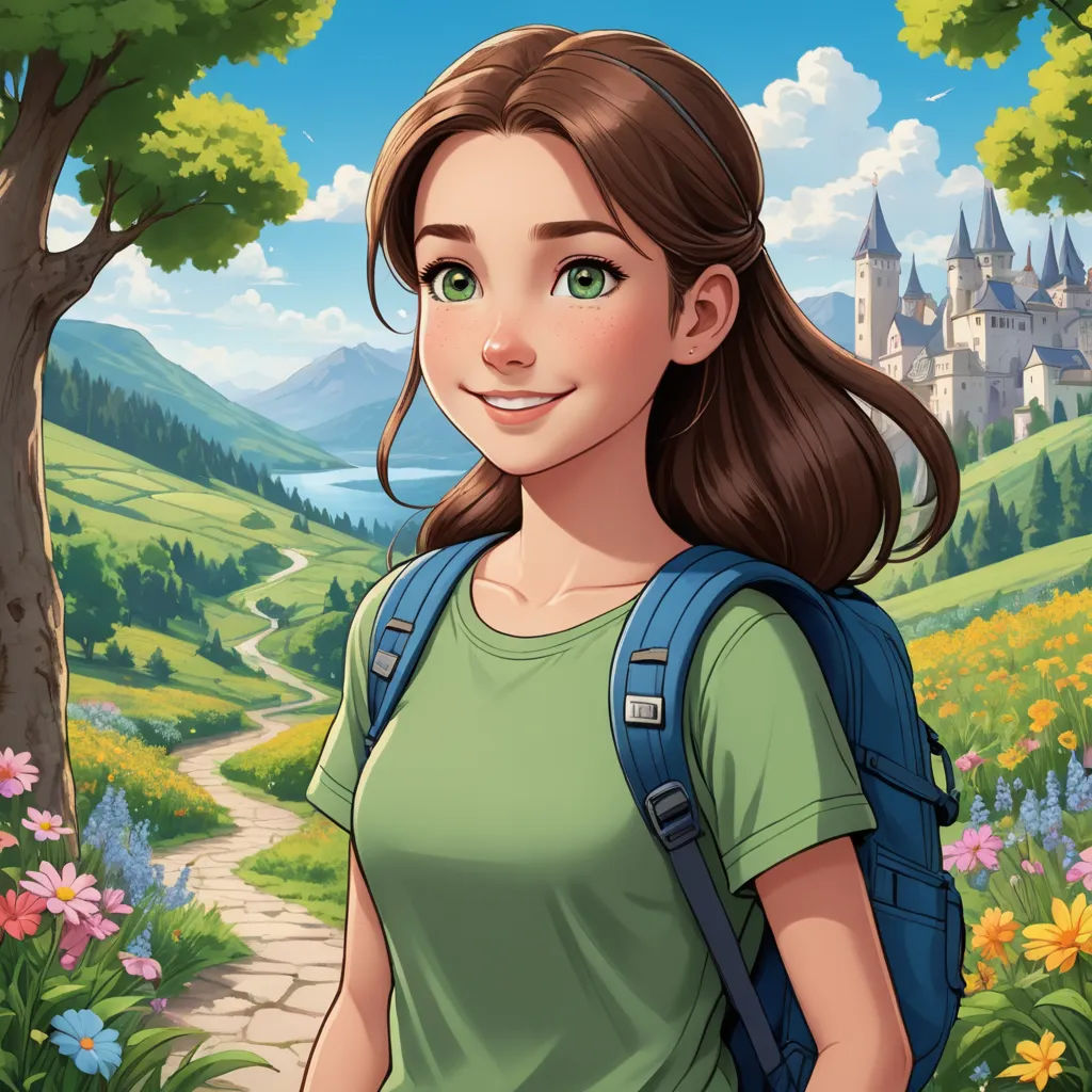 a girl with a backpack is standing in a field of flowers and trees with a castle in the background, sots art, a character portrait, Clarice Beckett, character portrait