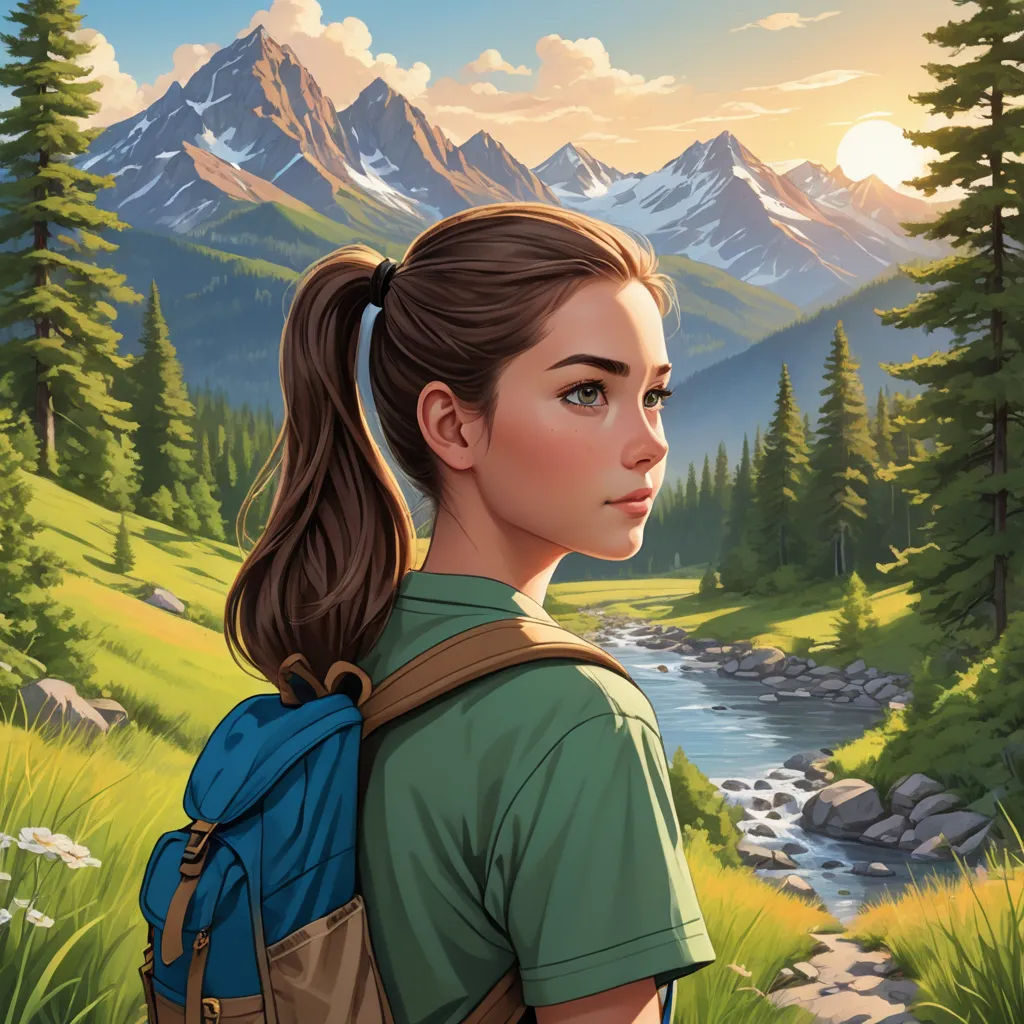 a painting of a girl with a ponytail in a green shirt and a blue backpack looking at a mountain stream, american scene painting, a character portrait, Dan Mumford, key art