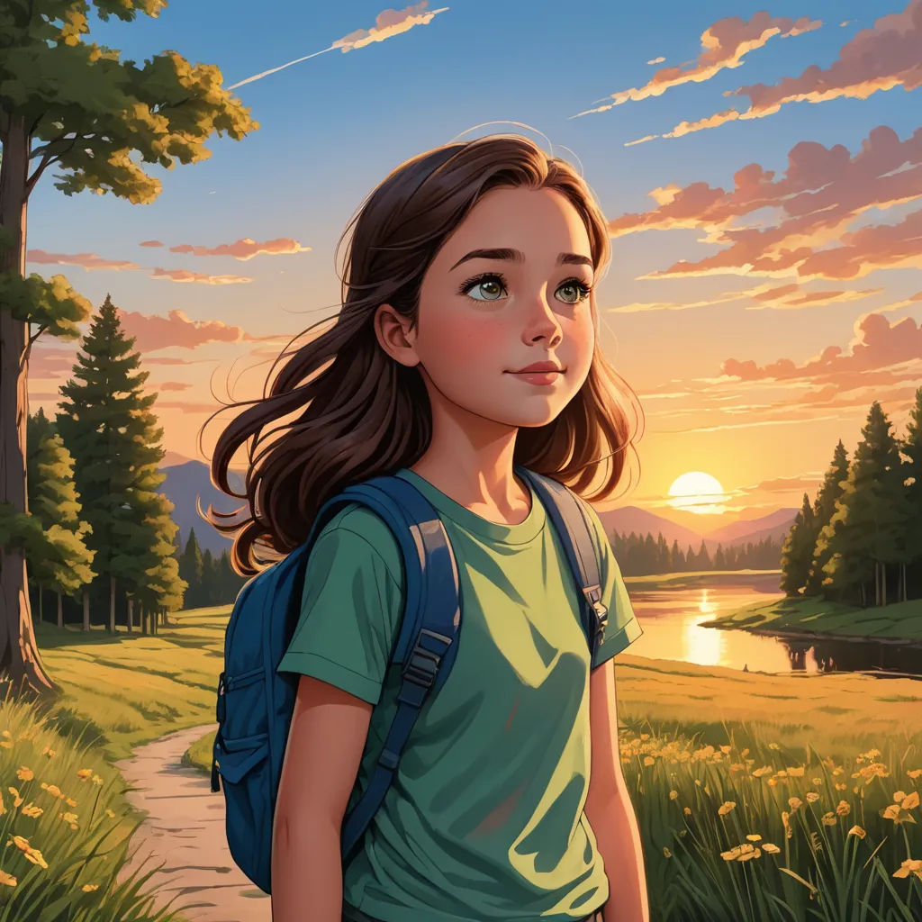 a painting of a girl with a backpack on a path near a lake at sunset with a sunset in the background, fantasy art, a storybook illustration, Cyril Rolando, trending on art station