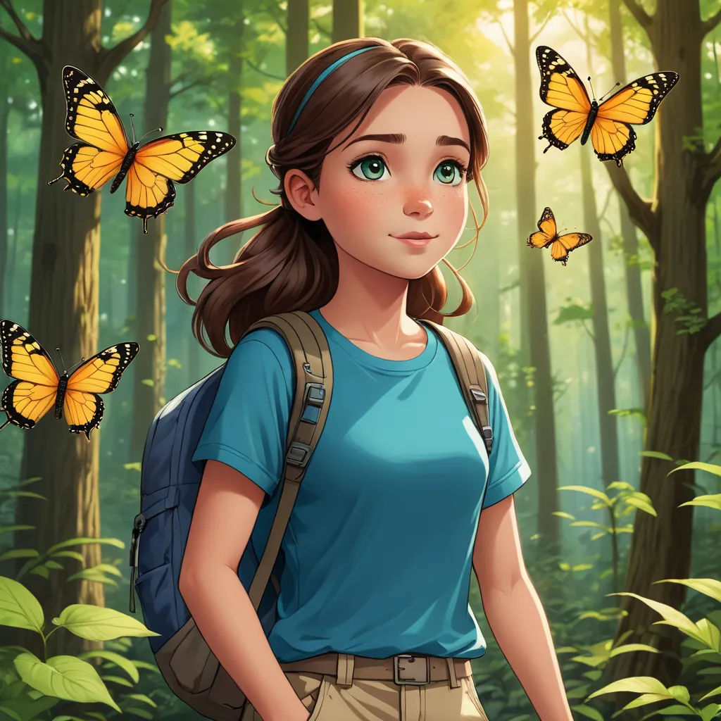 a girl with a backpack and butterflies flying around her head in the woods, with a forest background and a forest scene, sots art, a character portrait, Clarice Beckett, key art
