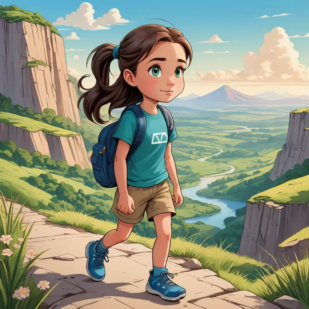 a girl with a backpack is walking down a path to a valley with mountains and a river in the distance, lyco art, a storybook illustration, Ada Hill Walker, 2 d game art