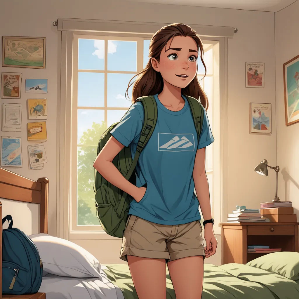 a girl standing in a bedroom with a backpack on her back and a backpack on her shoulder, looking at the camera, american scene painting, a character portrait, Ada Hill Walker, official art