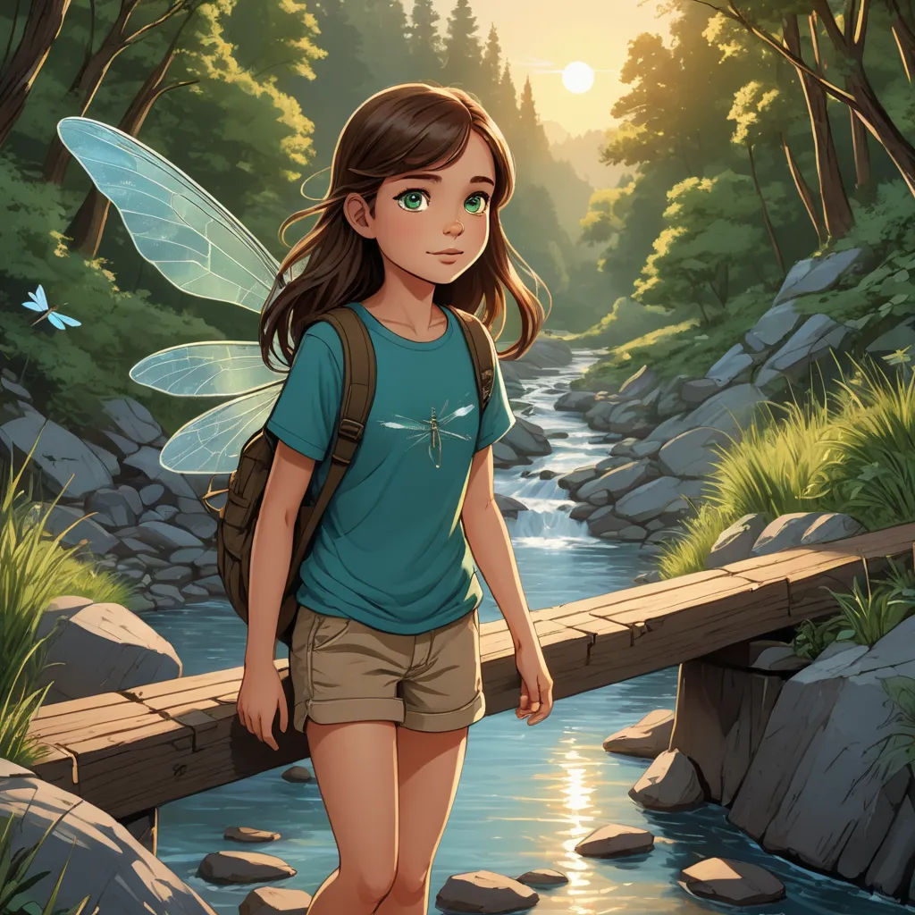 a girl with a backpack is walking across a bridge over a stream in a forest with a butterfly on her shoulder, fantasy art, a storybook illustration, Cliff Childs, storybook illustration