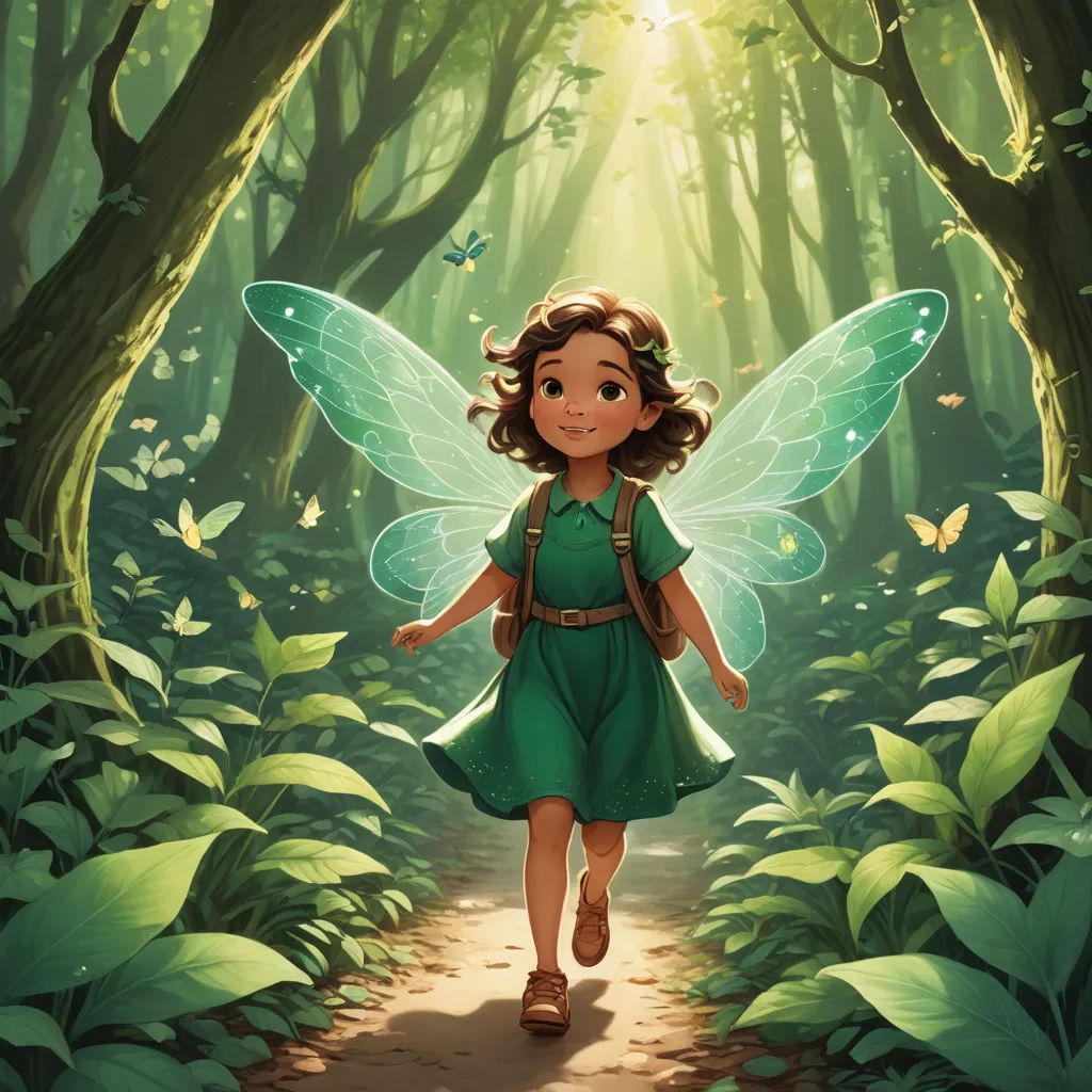 a little girl in a green dress is walking through a forest with butterflies on her wings and a backpack, fantasy art, a storybook illustration, Chris Rallis, rossdraws global illumination