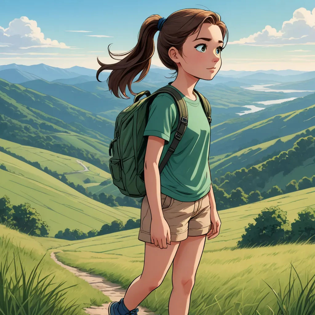 a girl with a backpack is standing on a path in a field with mountains in the background and a valley in the foreground, environmental art, a storybook illustration, Atey Ghailan, official art